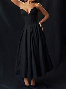 WOWDARK 女式纯色 V 领 A 字形修腰连衣裙，秋季 - 黑色 - 查看 7