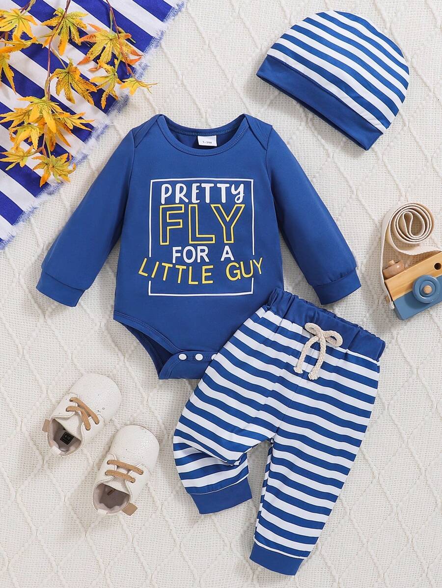 男婴长袖字母印花毛衣、条纹裤和无檐小便帽三件套服装，秋冬 - 藍色 - 查看 1