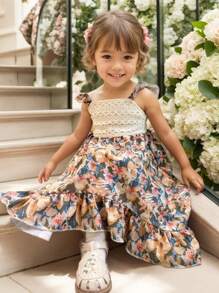 Tween Girl Fluttering Sleeve Strap Dress Bowknot Backless Floral Asymmetrical Hem Princess Boho Vacation Party Dress, Spring/Summer