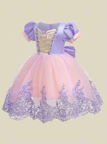 优雅蕾丝边薄纱缎面泡泡裙连衣裙，适合年轻女孩，可用于生日派对、舞会等场合，不含头饰 - 紫色 - 查看 3