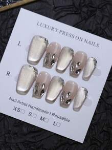100% Pure Handmade Press On Nails Nude Color And High Glossy Cat's Eye Short Coffin Shaped 10pcs Nail Tips Reusable Manual Nails With Shiny Rhinestones Glitter Nail Charms Decoration Fake Nails For Party And Bride Nail Supplies