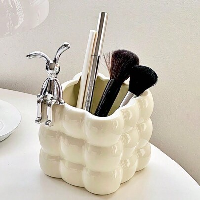 1pc INS Style Ceramic Storage Box, High-Quality Makeup Brush Holder, Multi-Functional Desk Organizer For Office, Living Room,For Holiday Beach, Bathroom Collection, Bedroom Collection, Large Capacity