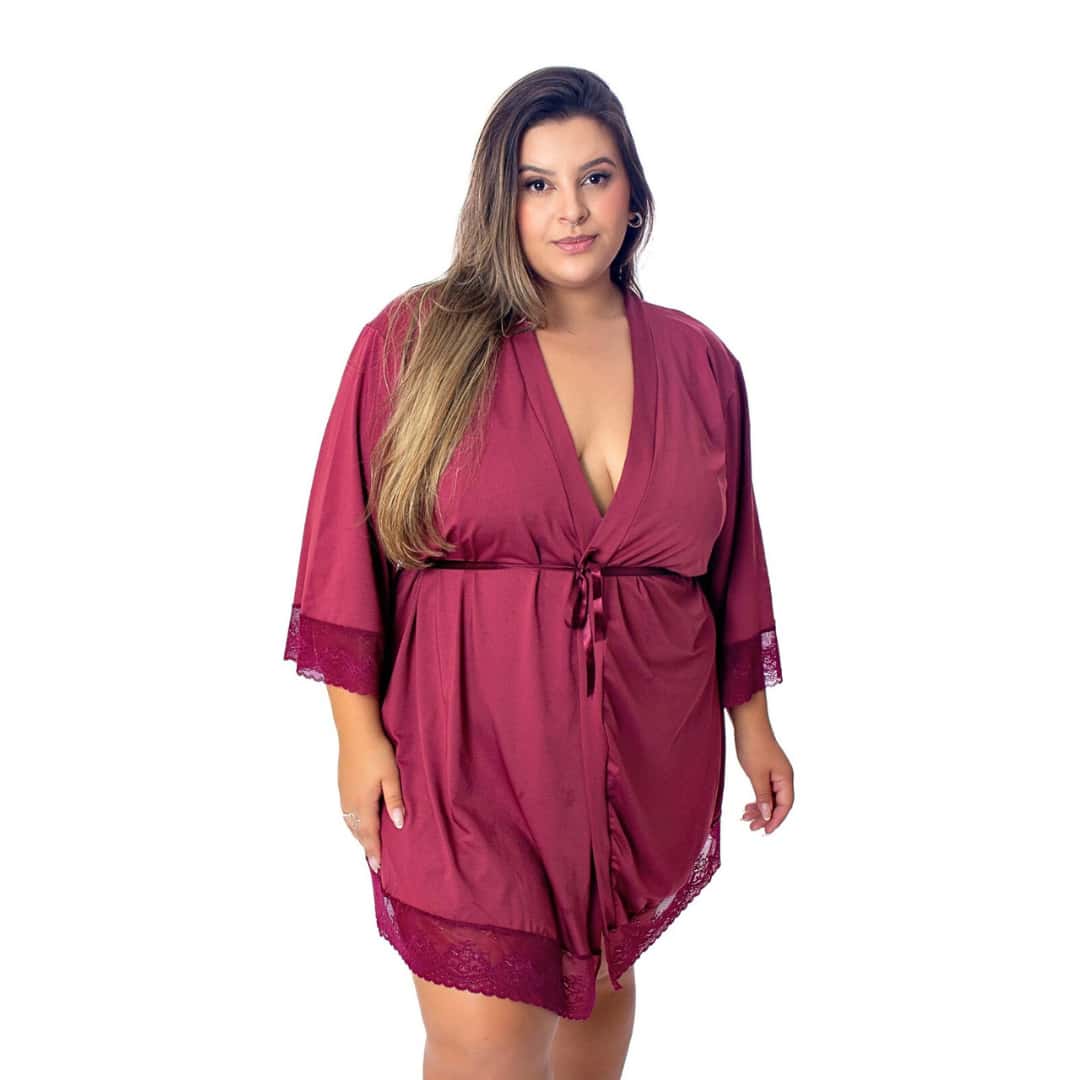 Sexy Plus Size Microfiber Robe With Satin Bow For Bride With Lace Details Half Sleeve - Màu Đỏ Sâu - Xem 1