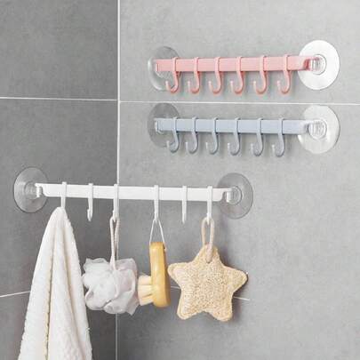1PC Bathroom Toilet Storage Rack, Suction Cup Style Hook, Kitchen 6 Hooks, Bathroom, Corner Hanging, No Trace Hook, Hat Hook, Towel Hook, Miscellaneous Storage Hook