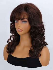 18 Inch Long Curly Wave Wig 1 PC Brown Wig With Bang Synthetic Wig 150% High Density Heat Resistant Fiber Breathable Rose Net Cap Versatile For Daily Wear And Halloween Party