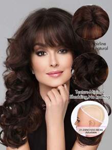 18 Inch Long Curly Wave Wig 1 PC Brown Wig With Bang Synthetic Wig 150% High Density Heat Resistant Fiber Breathable Rose Net Cap Versatile For Daily Wear And Halloween Party