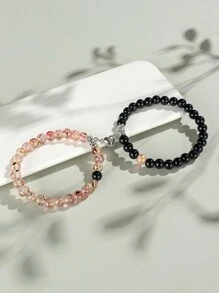 2pcs Classic Heart Magnetic Clasp Bracelet Set, Turquoise Represents Luck & Success, Crystal Energy Stone Bracelet, Friendship/Couple Valentine's Gift, Daily Accessory, 8mm Beads Crystal Bracelet Set - Multicolor - View 16