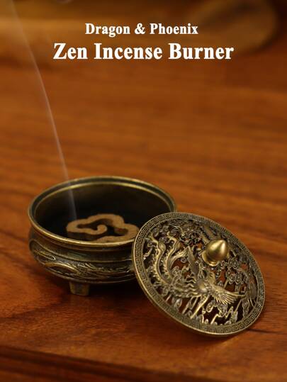 Mini Dragon And Phoenix Tripod Incense Burner, Bronze Retro Sandalwood Incense Burner, Hollow Cover, Smooth Smoke Flow, Small And Exquisite, Ingeniously Crafted, Placed On The Tea Table, Desk Has A Unique Charm Gifts Birthday Graduation