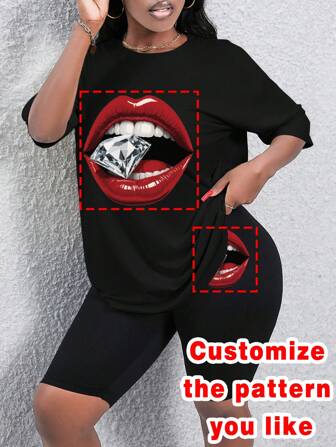 Customized Christmas, Halloween, Thanksgiving Outfit, Women 2 Pieces Shorts Set, Personalized Women Short Sleeve Shorts Suit 2 Pieces Set - Add Your Own Pictures And Text (Dining Photos/Friend Photos/Family Photos/Selfies/Favorite Patterns) To Design Your Own Personalized Printed, Anniversary Gift, New Year Pattern, Baby/Couple/Family/Pet Photos