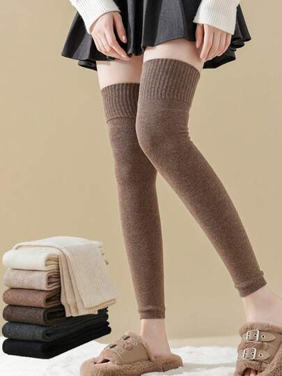 1/2/4双装女士纯色加长过膝长筒袜，加厚保暖，适合秋冬季节，舒适保暖