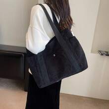 Women Corduroy Tote Bag With Multiple Pockets, Foldable Shoulder Handbag For Students, Office, Travel Shopping - Black - View 2