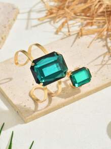 1 Set Vintage quadratischer Rubin Zweireihiger Edelstein Armreif und offener Ring Schmuckset, Modeschmuck Statement Set für Frauen