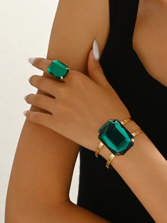1 set Vintage Style Square Emerald Crystal Inlagd Ring & Armband Smyckesset, eleganta festtillbehör för kvinnor