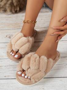 Women's Simple & Fashionable Indoor Comfort Warm Soft Sole Open Toe Fuzzy Slippers - Khaki - View 5