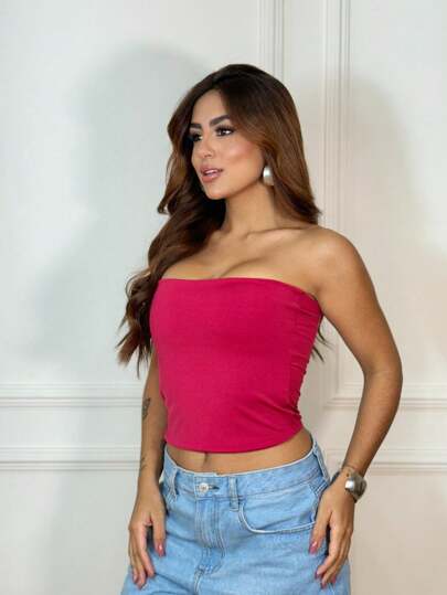 Top Tube Cropped Básico Feminino Tomara que Caia Comprido Tubinho Duplo Sem Bojo