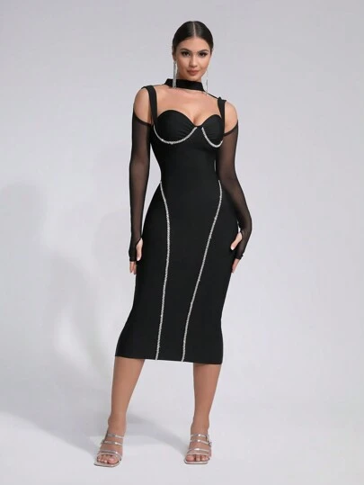 New Sexy Black Mesh Long Sleeve Hollow-Out Rhinestone Fitted Midi Party Bandage Dress, Summer Elegant Cocktail Semi Formal Prom Wedding Guest Dress, For Birthday, Graduation, Dinner, Homecoming
