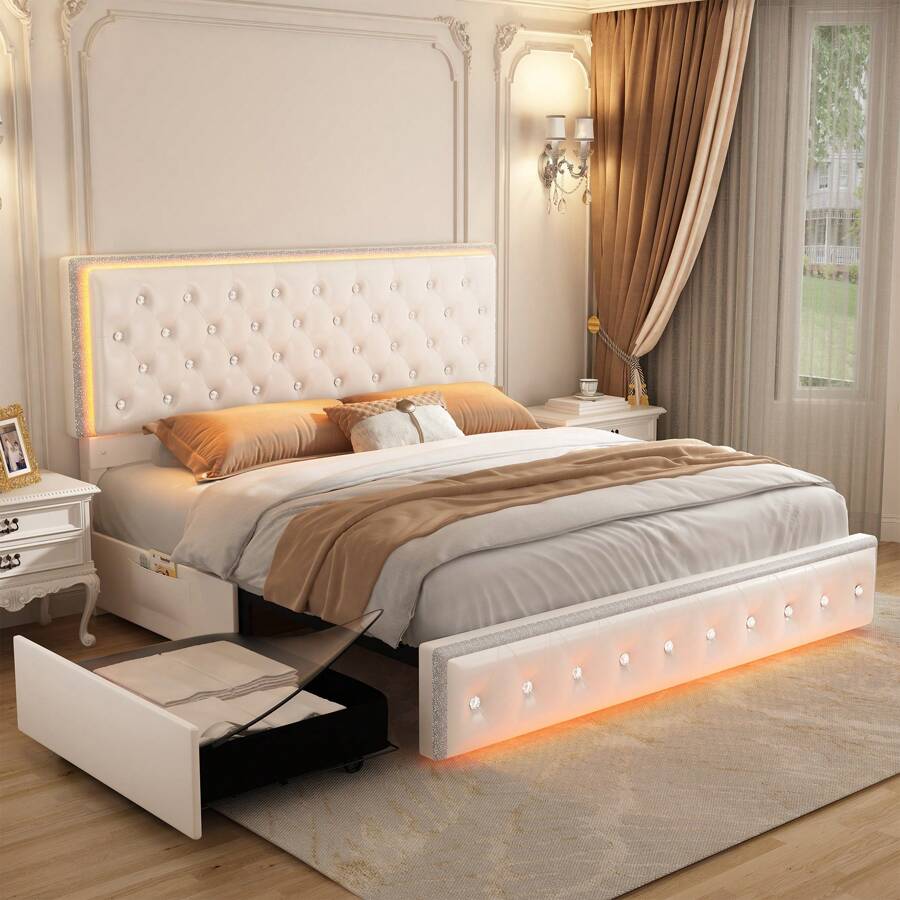 SIBEDS Queen Size Upholstered RGB LED Bed Frame With 2 Storage Drawers