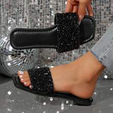 Women's Summer Beach Slippers Indoor And Outdoor Rhinestone Casual Fashion Slippers Square Open Toe Flat Bottom Sandals - 黑色 - 查看 5