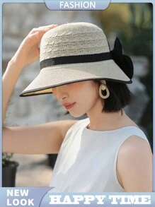 1顶女士夏季遮阳帽，时尚简约宽檐帽，百搭蝴蝶结装饰遮阳帽，适合夏季防晒 - MZ1641升級款 - 查看 7