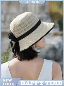 1顶女士夏季遮阳帽，时尚简约宽檐帽，百搭蝴蝶结装饰遮阳帽，适合夏季防晒 - MZ1641升級款 - 查看 10