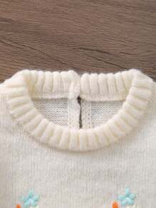 Baby Girls' Long Sleeve Embroidered Knit Romper - White - View 3