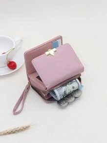时尚印花三折钱包，带多个卡槽、隔层和链带，女士多功能小钱包 - 粉色 - 查看 3
