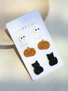 3 Cặp/Thẻ Ma Dễ Thương, Lấp Lánh Bí Ngô, Mèo Đáng Yêu Acrylic Bông Tai Dành Cho Nữ, Tiệc Hóa Trang Halloween Phụ Kiện - Nhiều màu - Xem 3