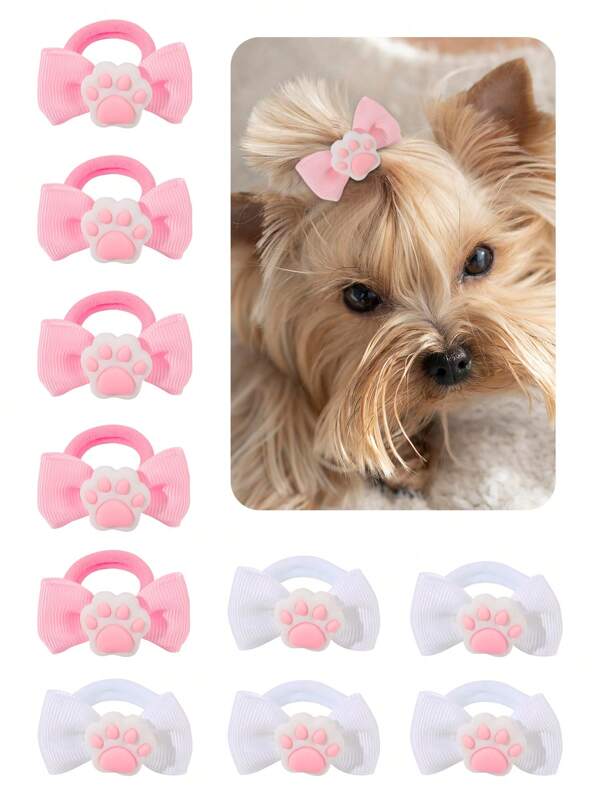 10pcs White Pink Dog Paw Hair Bows For Dogs And Cat,Dog Bows With Rubber Band,Cute Puppy Dog Yorkie Dogs Hair Grooming Hair Ties,Valentine'S Day Gifts For Dog,Pet Hair Accessories,Pet Supplies.