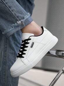 男士简约风格黑色运动鞋，前部系带细节，舒适轻便户外运动鞋，防滑 - 白色 - 查看 9