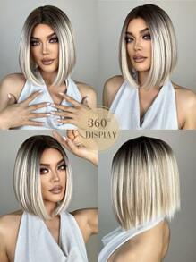 14英寸浅金色带深色发根，中分黑白相间短直发假发，美丽日常女士合成假发，角色扮演白色彩色合成假发，高温丝女士中分直发假发，节日及日常时尚合成假发，编织假发，适合万圣节和圣诞节 - 金色 - 查看 6