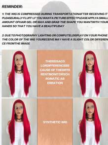 websterwigs 13X4 红色天然直发合成蕾丝前假发，高品质耐热纤维，预拔，无胶 - 紅色 - 查看 10