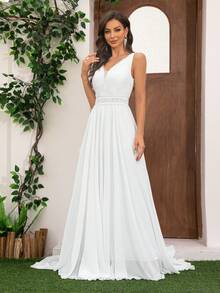 Vestido de Noiva Longo até o Chão Romântico de Renda e Chiffon com Recorte, Noiva