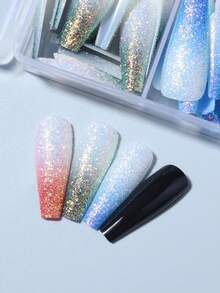96pcs(4style) Long Coffin Gradient Glitter Design Acrylic Nail Tips Full Cover False Nail Tips Press On Nails With Storage Box As For Suitable For Women And Girls Daily Life And Party Use - Multicolor - View 3