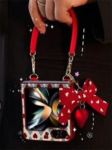 Apple Cute Korean Heart Bow Pendant Rhombus Lattice With Handbag Leather Phone Case Compatible With Samsung Galaxy Z Flip5 Z Flip6 ZFlip 3 Z Flip 4 Shockproof Back Cover