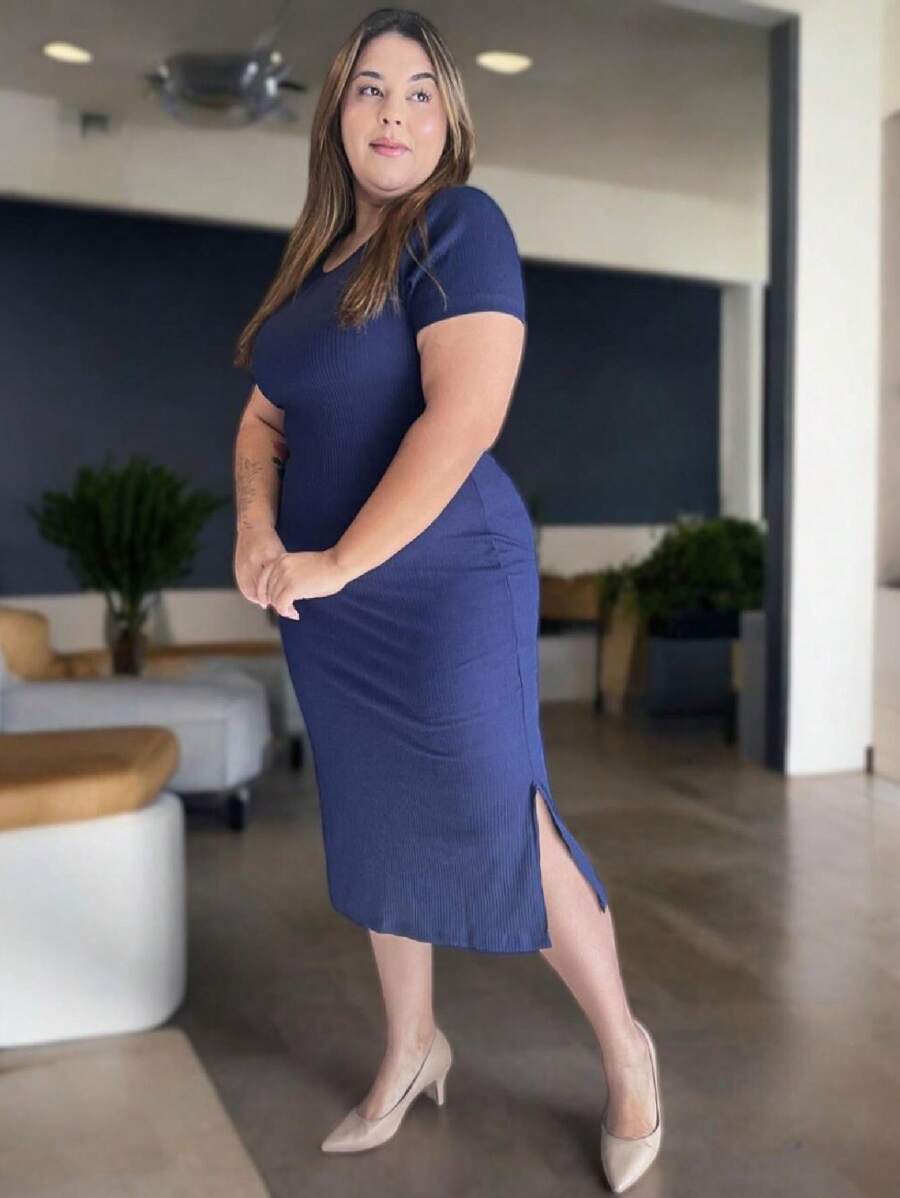 Plus Size Midi Dress With Ribbed Tube Sleeves And Side Slit - 藍色 - 查看 1
