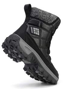 Women's Anti-Slip Waterproof Thicken Thermal Lined Casual Winter Couple Snow Boots, Black Mid-Calf, Leather Surface