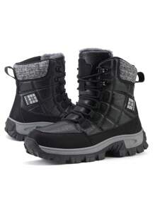 Women's Anti-Slip Waterproof Thicken Thermal Lined Casual Winter Couple Snow Boots, Black Mid-Calf, Leather Surface