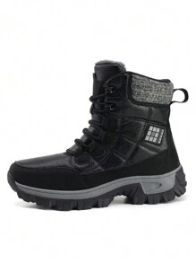 Women's Anti-Slip Waterproof Thicken Thermal Lined Casual Winter Couple Snow Boots, Black Mid-Calf, Leather Surface