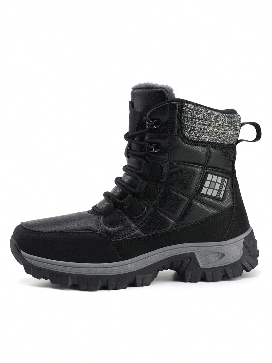 Women's Anti-Slip Waterproof Thicken Thermal Lined Casual Winter Couple Snow Boots, Black Mid-Calf, Leather Surface