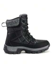 Women's Anti-Slip Waterproof Thicken Thermal Lined Casual Winter Couple Snow Boots, Black Mid-Calf, Leather Surface