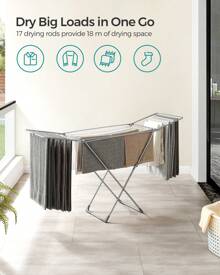 SONGMICS Clothes Airer, Foldable Clothes Drying Rack, Clothes Horse With Gullwings, Free-Standing Laundry Rack, Indoor Outdoor Use, Bed Linen Clothing - Grey - View 2
