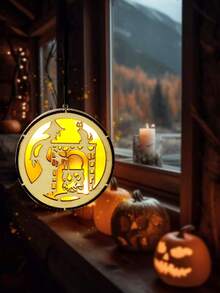 1 件万圣节圆形木质装饰灯，空心 LED 氛围灯（不含电池），万圣节装饰品，黑猫，南瓜，小鬼元素装饰品，窗户墙壁装饰 - 彩色 - 查看 6