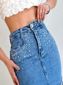Stylish Midi Denim Skirt With Side Slit And Rhinestones - Màu xanh lam - Xem 3