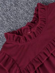 Baby Girl Elegant Turtleneck Ruffle Trim Corduroy Dress - Burgundy - View 3