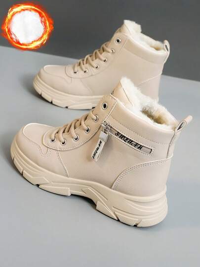 Women's White Shoes, Casual Shoes, Sports Shoes, 2024 Winter New Item With Added Fleece Warmth, Outdoor Thick Sole Height Increase, Fashionable And Versatile Vacation Style, Student Outdoor Hiking Skateboarding Shoes, Flat Chunky Sneakers, Snow Boots, Women's Shoes