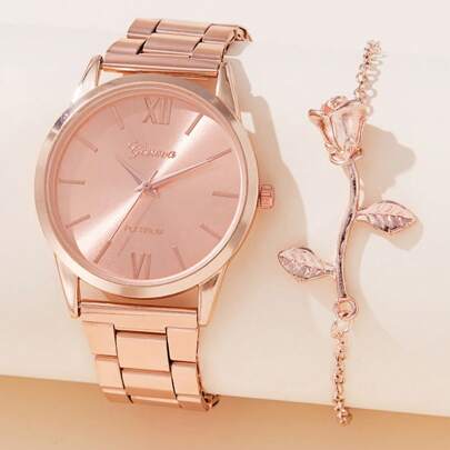 2pcs Women's Watch Casual Quartz Watch Women's, Roman Scale And Rose Jewelry Bracelet