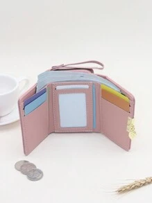 时尚印花三折钱包，带多个卡槽、隔层和链带，女士多功能小钱包 - 粉色 - 查看 7