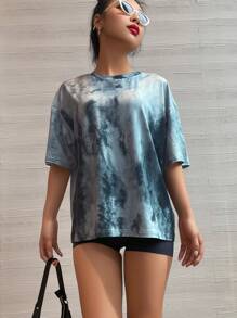 Camiseta de manga corta con estampado gris de gran tamaño, caída unicolor, verano relajado y de ocio - Gris - Ver 10