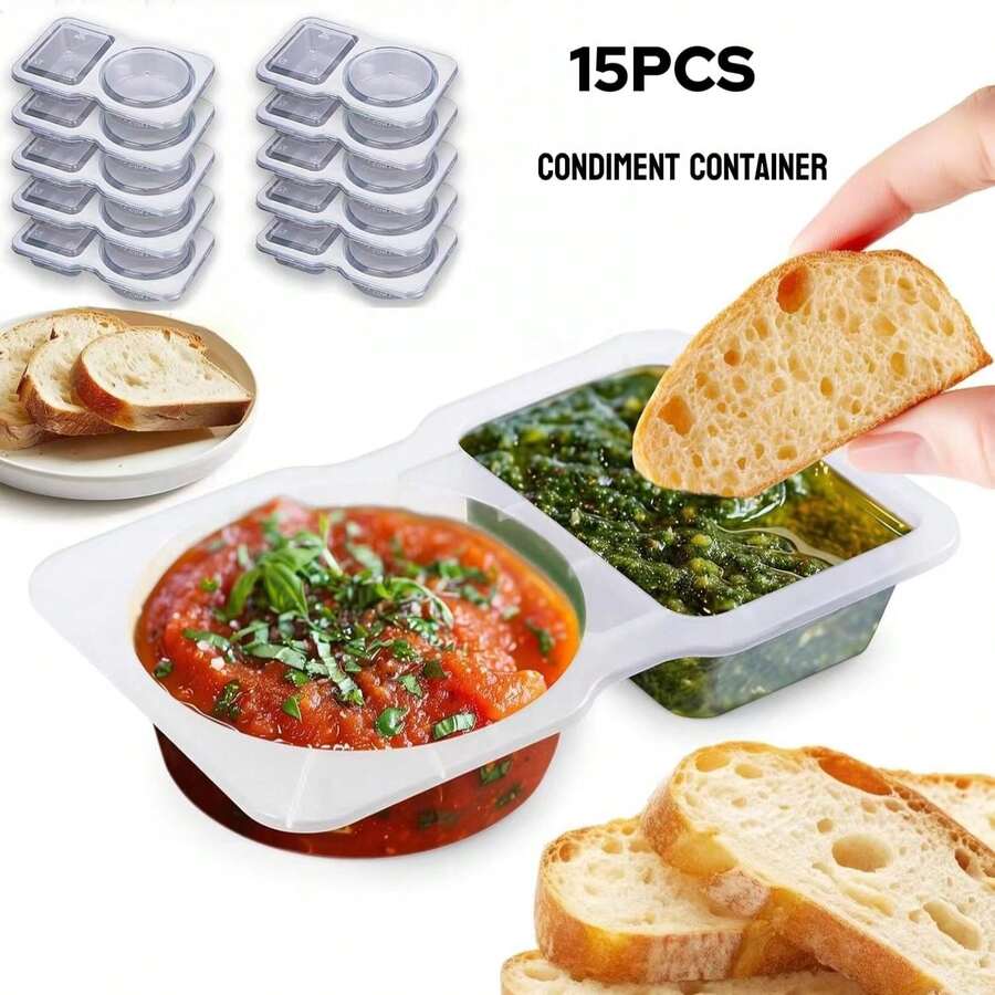 Lifevilion 15pcs Double Compartment Condiment Container With Lids, Disposable 2 Compartment Snack Containers, Portable Reusable Sauce Containers, For Condiments, Dips, Travel Snacks - White - View 1