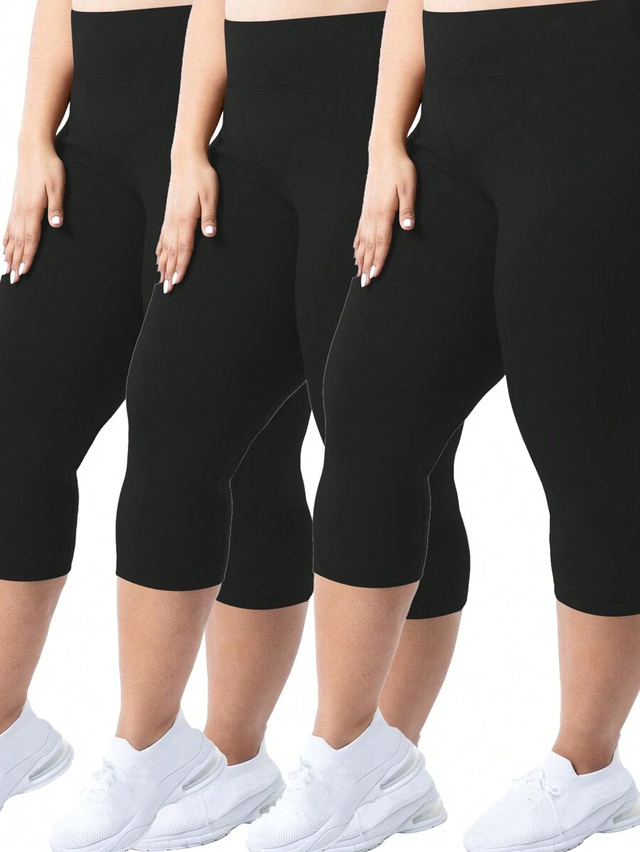 3 Packs Plus Size Capri Leggings For Women -Stretchy X-Large-5X Tummy Control High Waist Spandex Workout Yoga Pants  Summer  Black Combo - 黑色 - 查看 1
